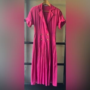 80’s Fuchsia Cotton Double Breasted Pleated Dress